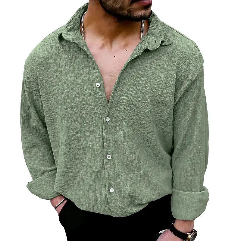 2025 Men's Long Sleeve Lapel Shirt Teal Pure Color - Image 3