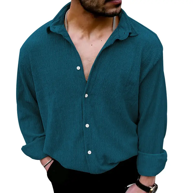 2025 Men's Long Sleeve Lapel Shirt Teal Pure Color - Image 4