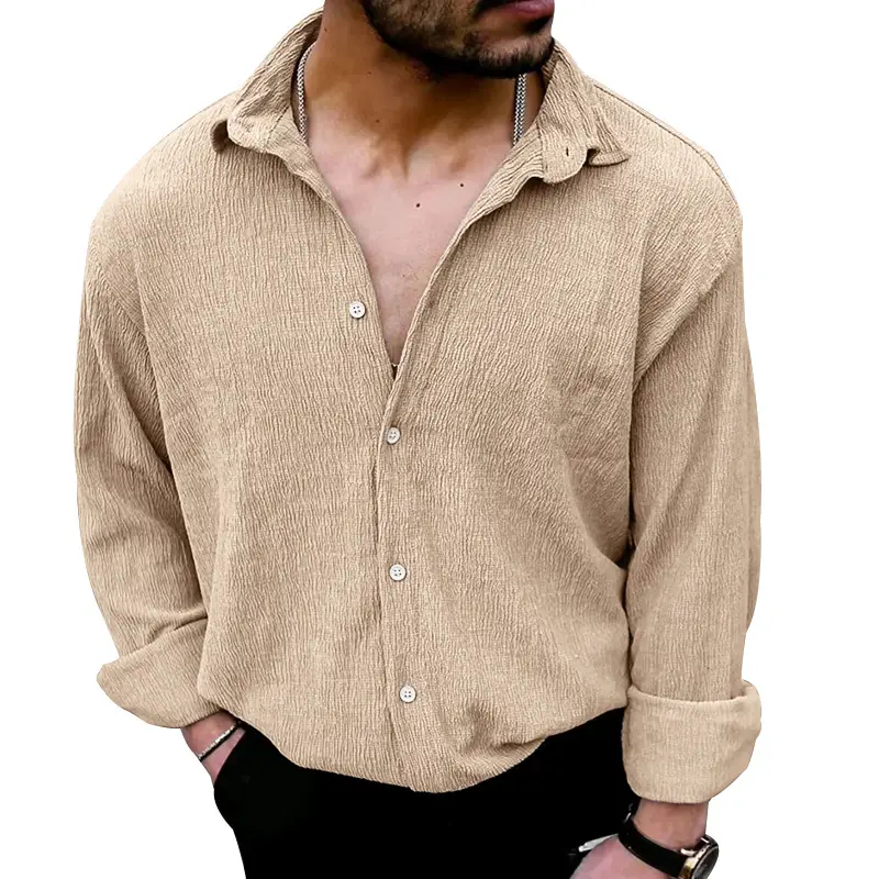 2025 Men's Long Sleeve Lapel Shirt Teal Pure Color - Image 5