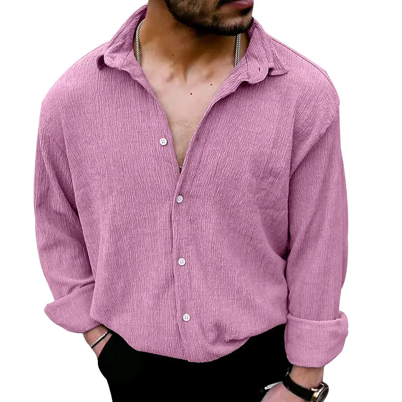 2025 Men's Long Sleeve Lapel Shirt Teal Pure Color - Image 6