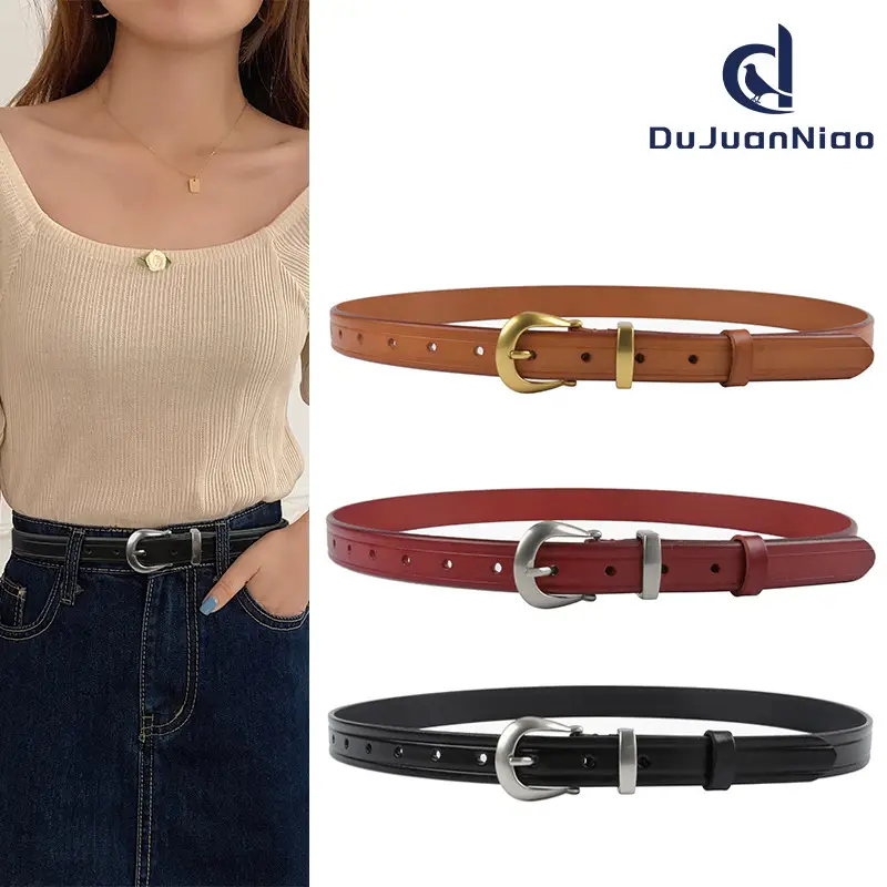 Women's Red Cowhide Belt with Gold Buckle 2.3cm - Image 12