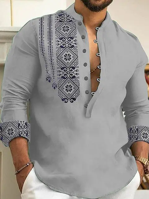 Men's White Embroidered Long Sleeve Collar Shirt - Image 13