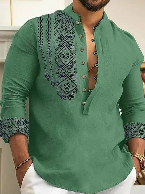 Men's White Embroidered Long Sleeve Collar Shirt - Image 15