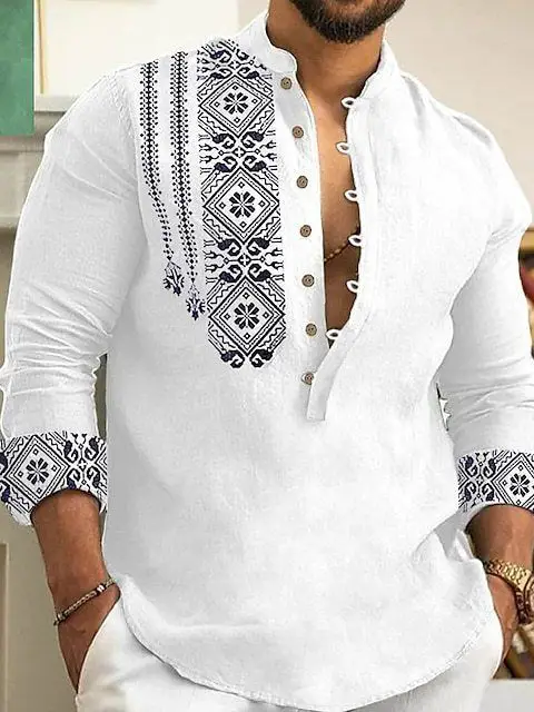 Men's White Embroidered Long Sleeve Collar Shirt - Image 16