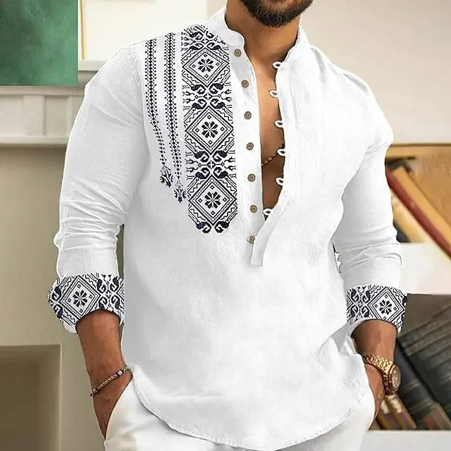 Men's White Embroidered Long Sleeve Collar Shirt — feature 3
