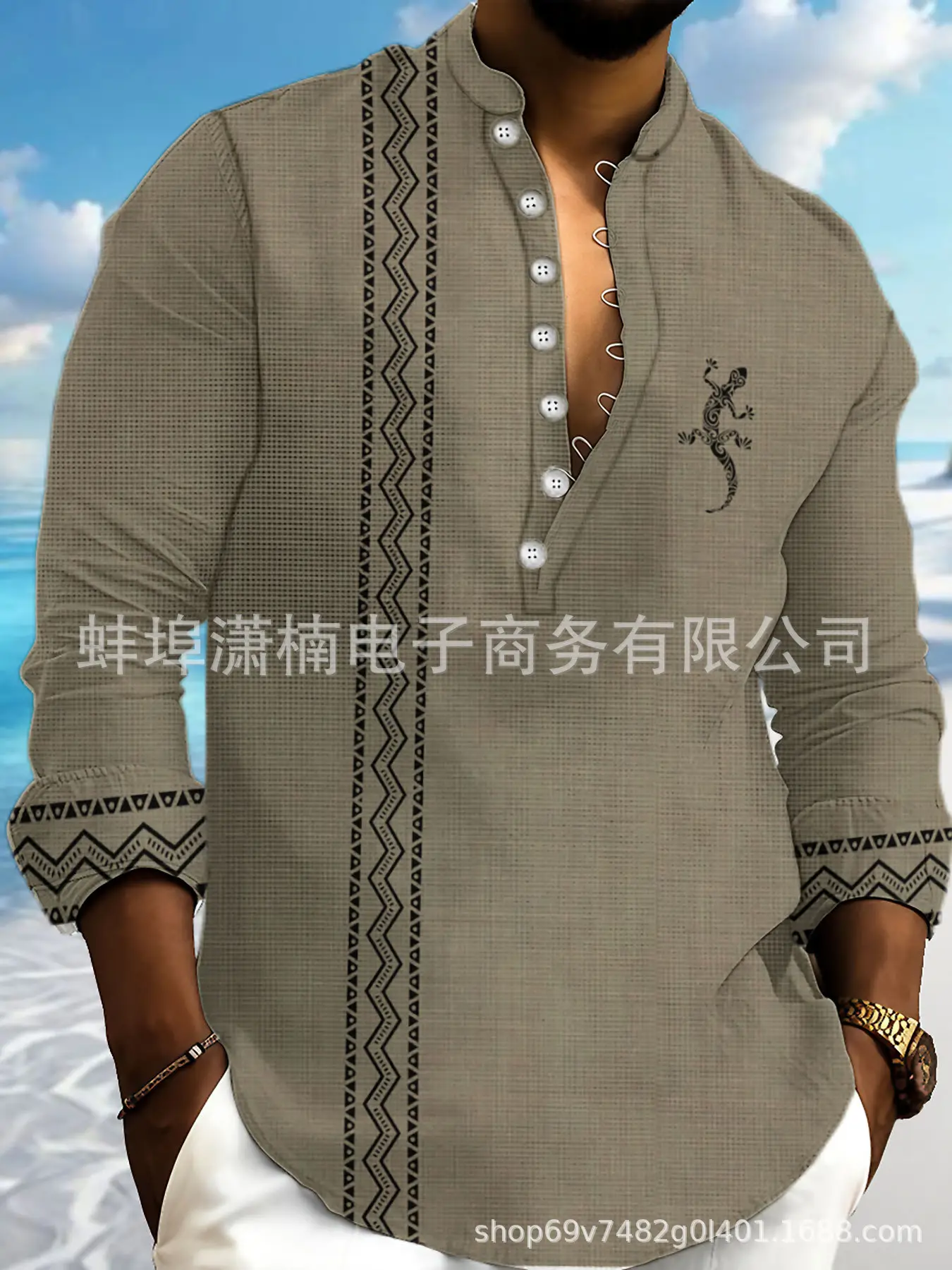 Men's White Embroidered Long Sleeve Collar Shirt — feature 7