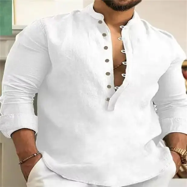 Men's White Embroidered Long Sleeve Collar Shirt - Image 11