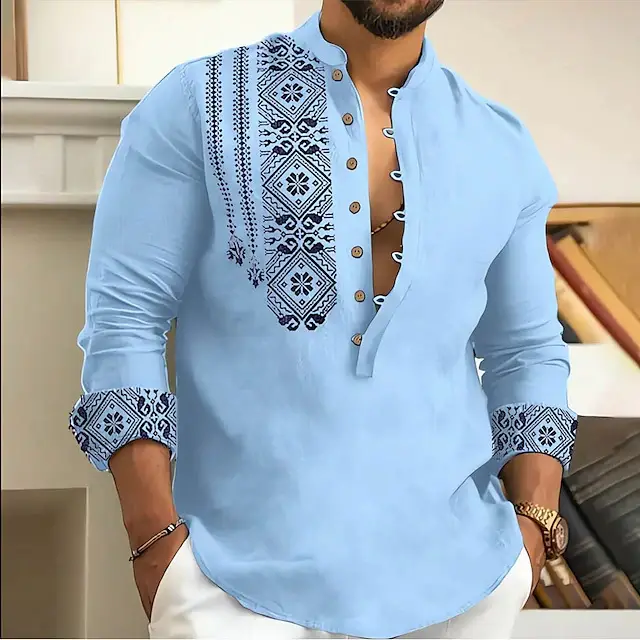 Men's White Embroidered Long Sleeve Collar Shirt - Image 3