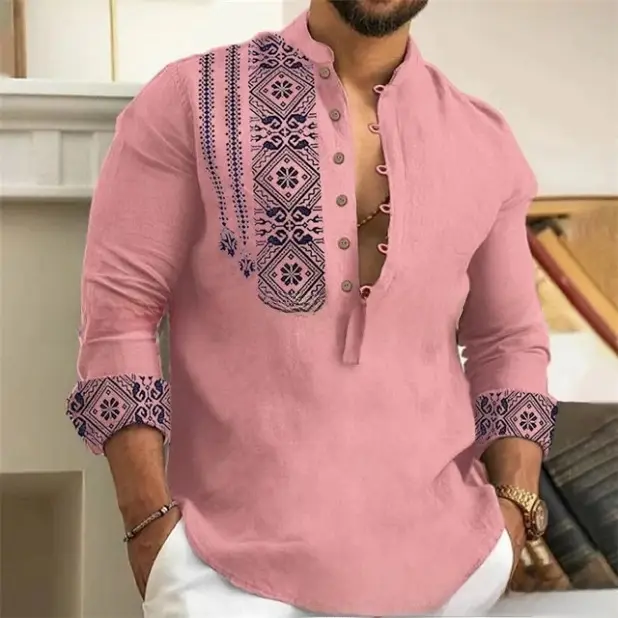 Men's White Embroidered Long Sleeve Collar Shirt - Image 9