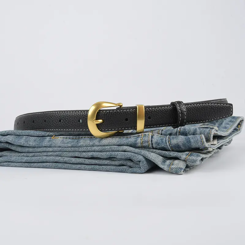 Black Genuine Leather Women's Belt with Gold Buckle - Image 18