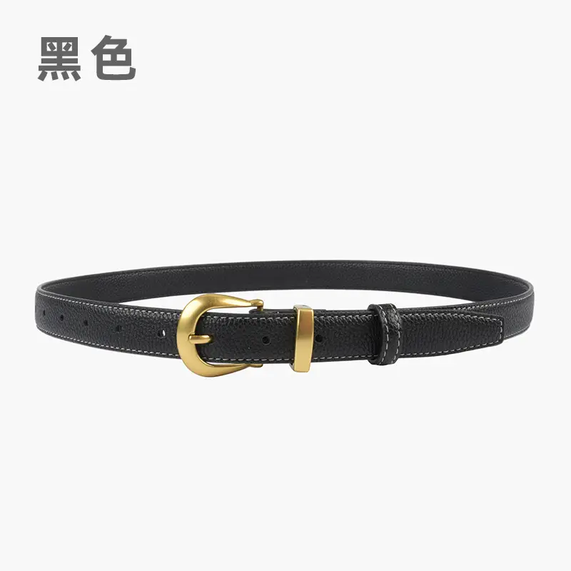 Black Genuine Leather Women's Belt with Gold Buckle