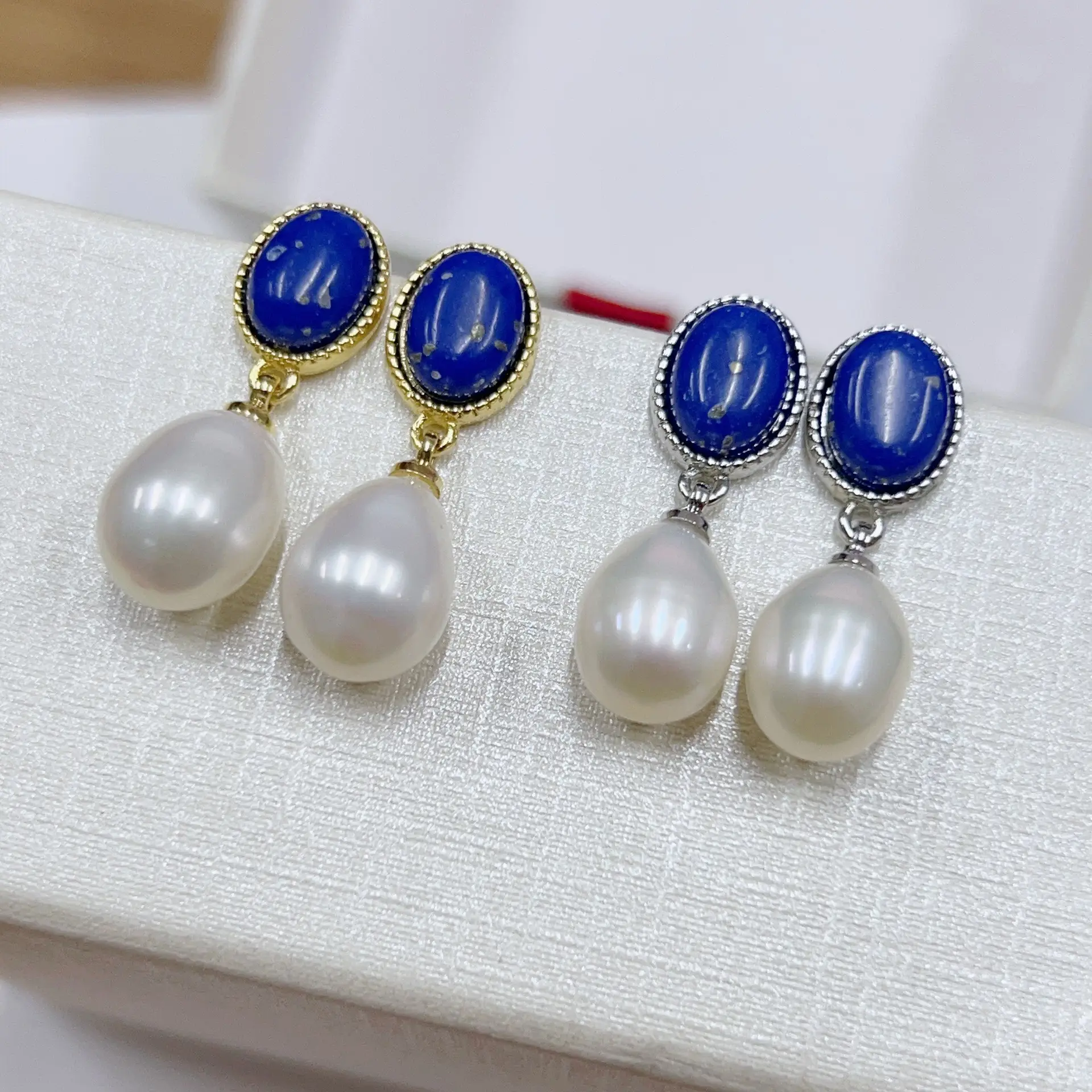 Blue Pearl Earrings with Silver Needle Studs - Image 2