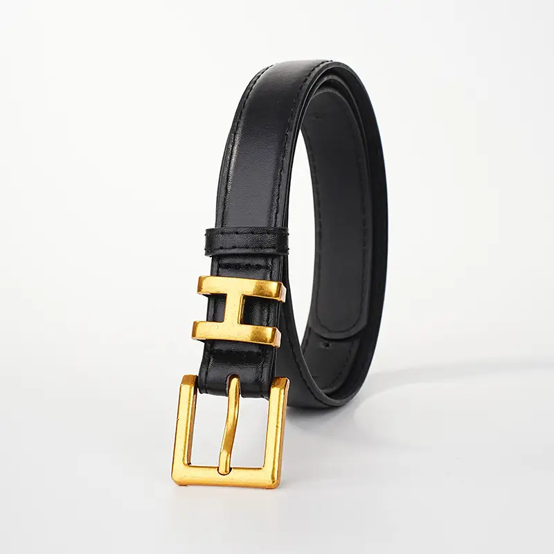 Women's Black Leather Belt with Gold H Buckle Small Size - Image 6