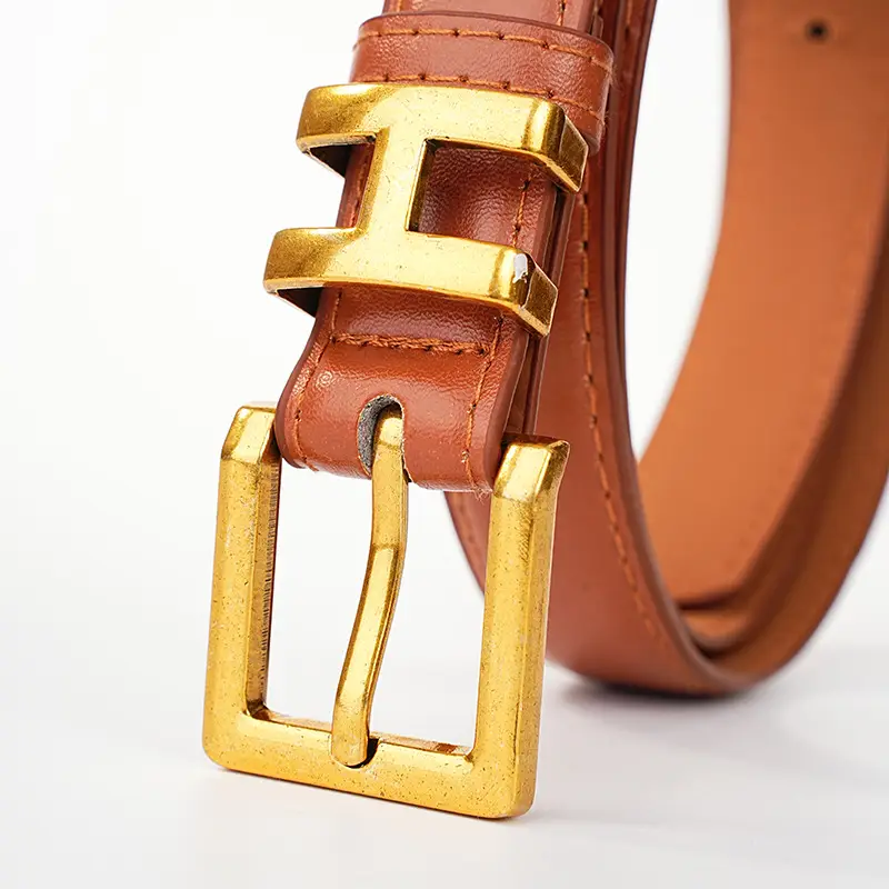 Women's Black Leather Belt with Gold H Buckle Small Size β feature 10