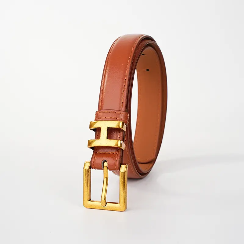 Women's Black Leather Belt with Gold H Buckle Small Size β feature 14