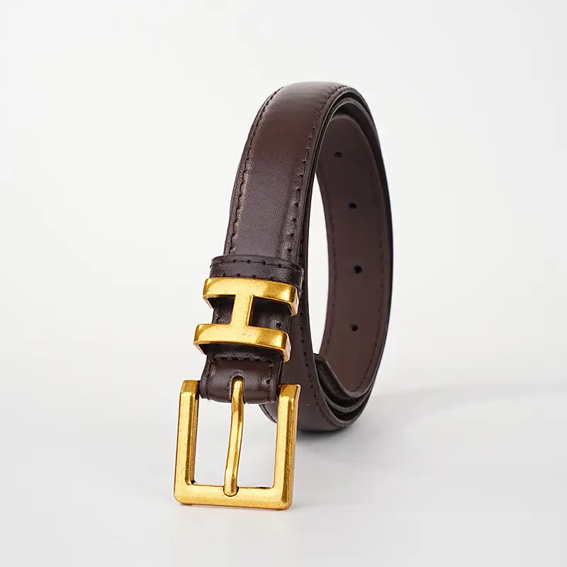 Women's Black Leather Belt with Gold H Buckle Small Size β feature 16