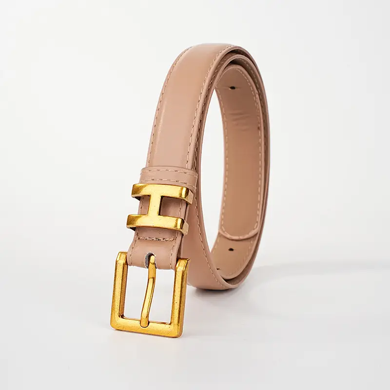 Women's Black Leather Belt with Gold H Buckle Small Size β feature 17