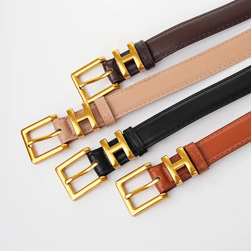 Women's Black Leather Belt with Gold H Buckle Small Size β feature 5