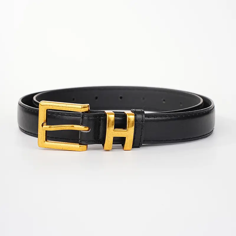 Women's Black Leather Belt with Gold H Buckle Small Size β feature 6