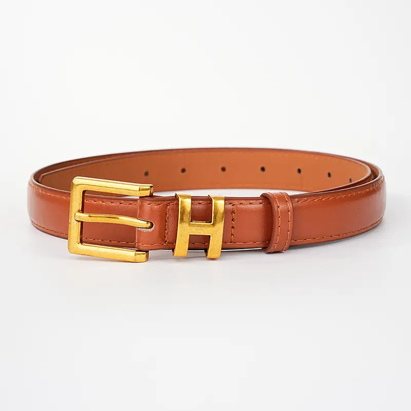 Women's Black Leather Belt with Gold H Buckle Small Size β feature 7