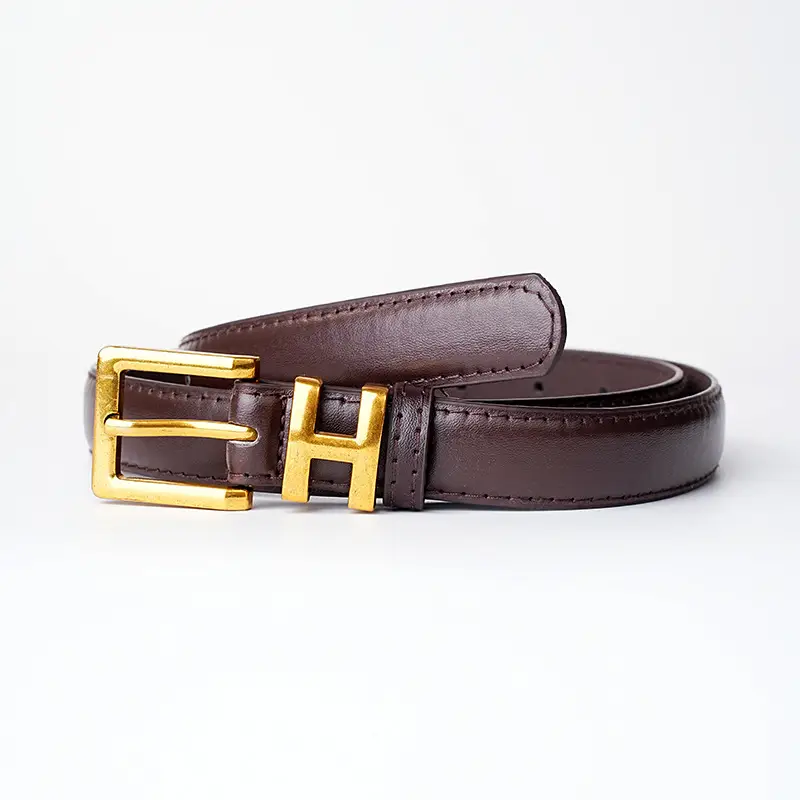 Women's Black Leather Belt with Gold H Buckle Small Size β feature 9