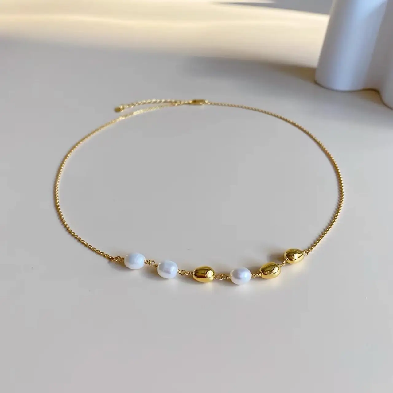 Japanese Korean Style Pearl Necklace 14K Gold Bean Chain
