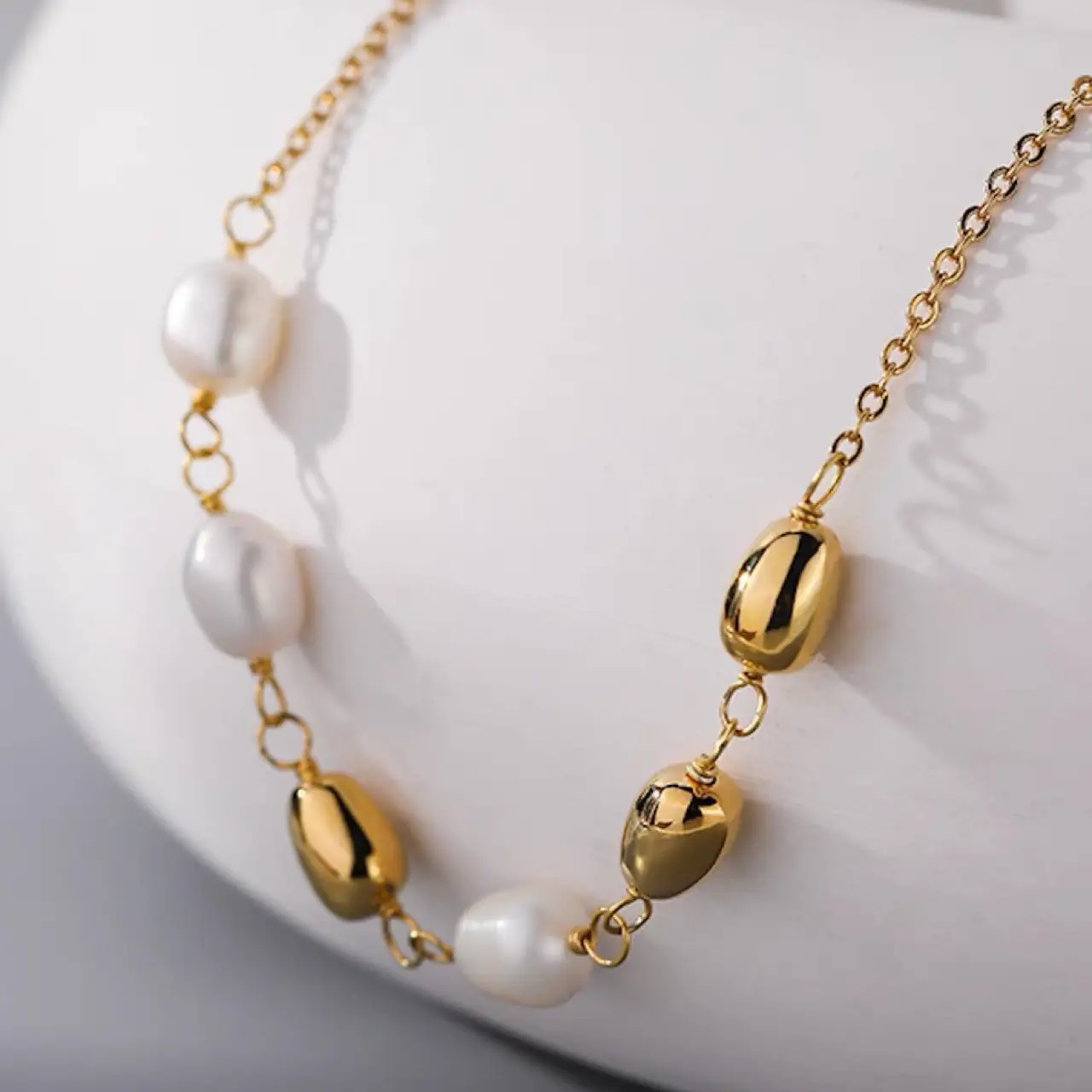 Japanese Korean Style Pearl Necklace 14K Gold Bean Chain