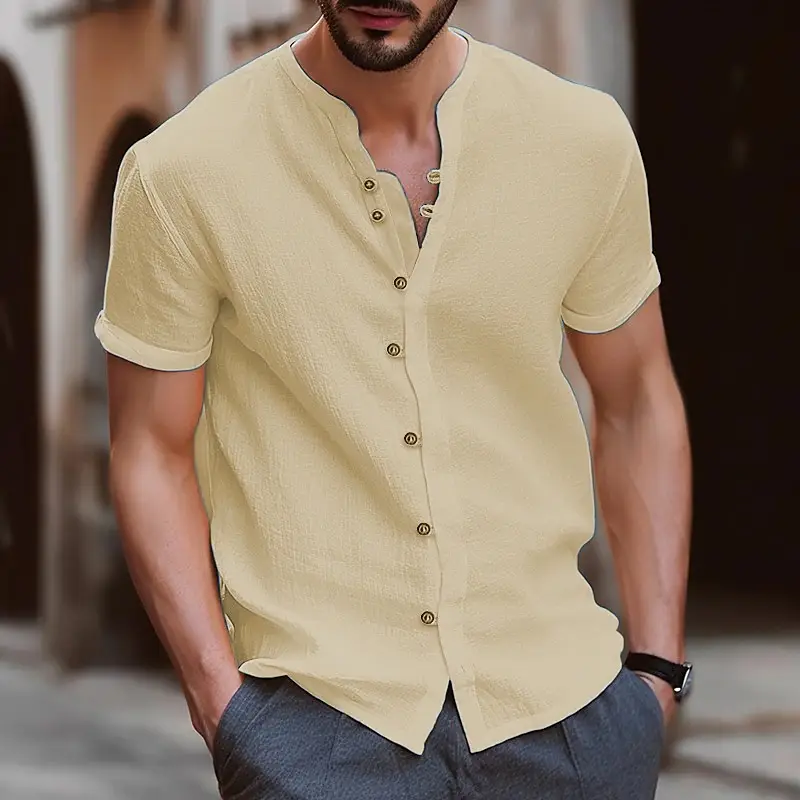 Men's Green Button Cotton Linen Short Sleeve Shirt - Image 12