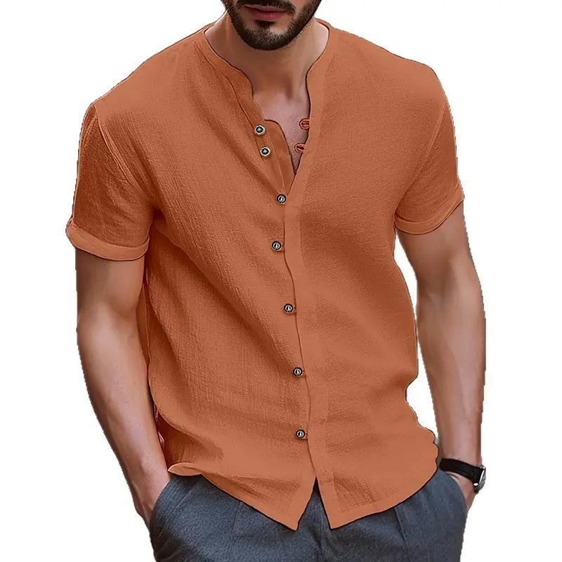 Men's Green Button Cotton Linen Short Sleeve Shirt - Image 13