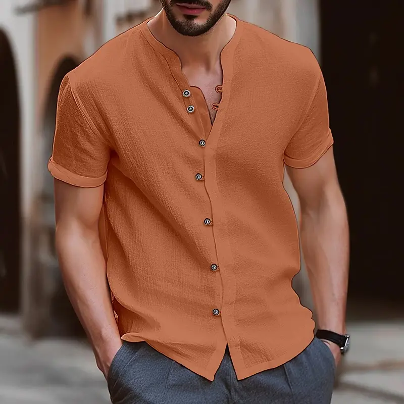 Men's Green Button Cotton Linen Short Sleeve Shirt - Image 4