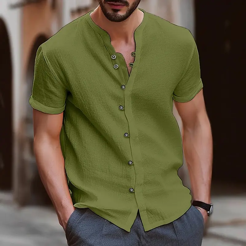 Men's Green Button Cotton Linen Short Sleeve Shirt - Image 8