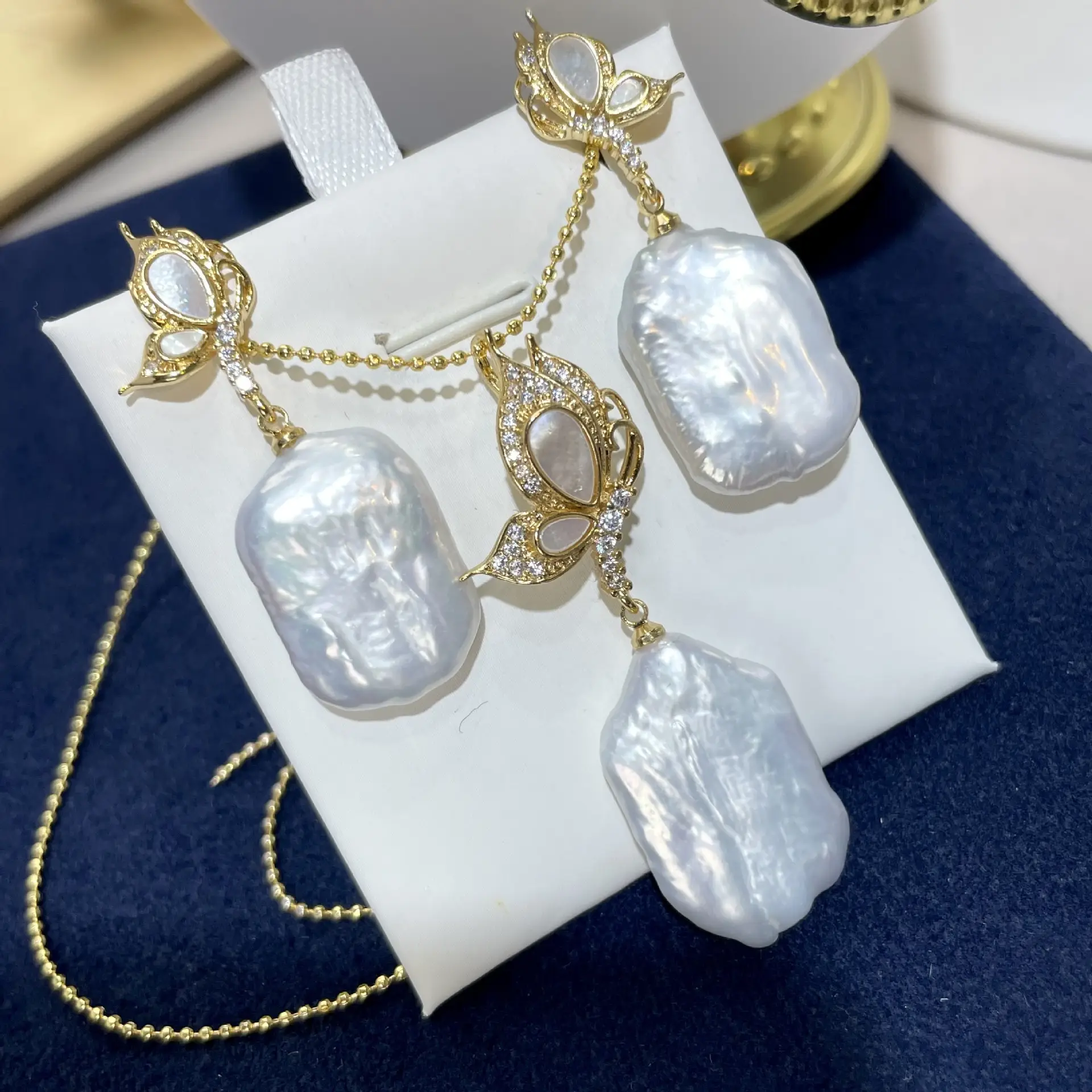 White Pearl Drop Earrings & Necklace Set for Women