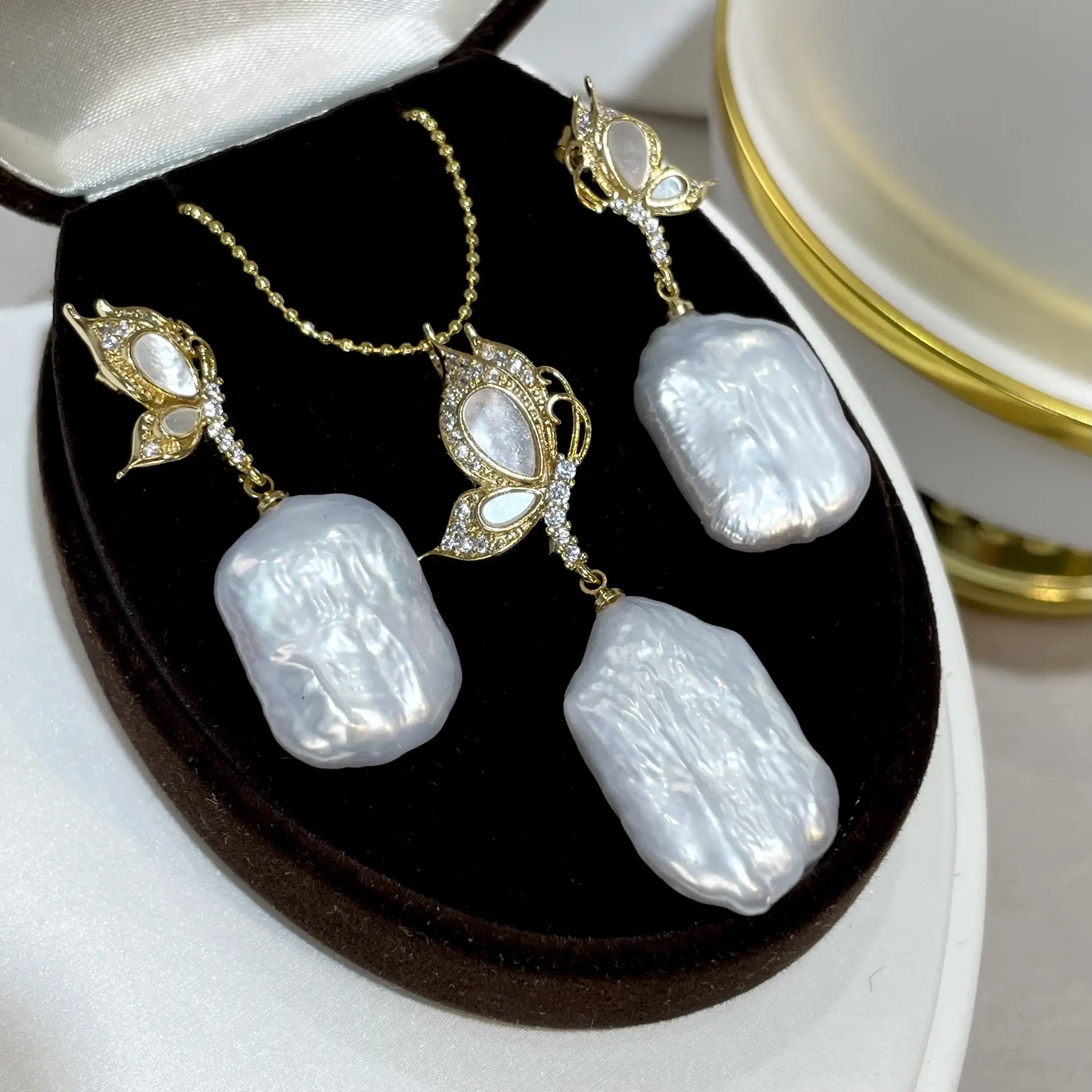White Pearl Drop Earrings & Necklace Set for Women
