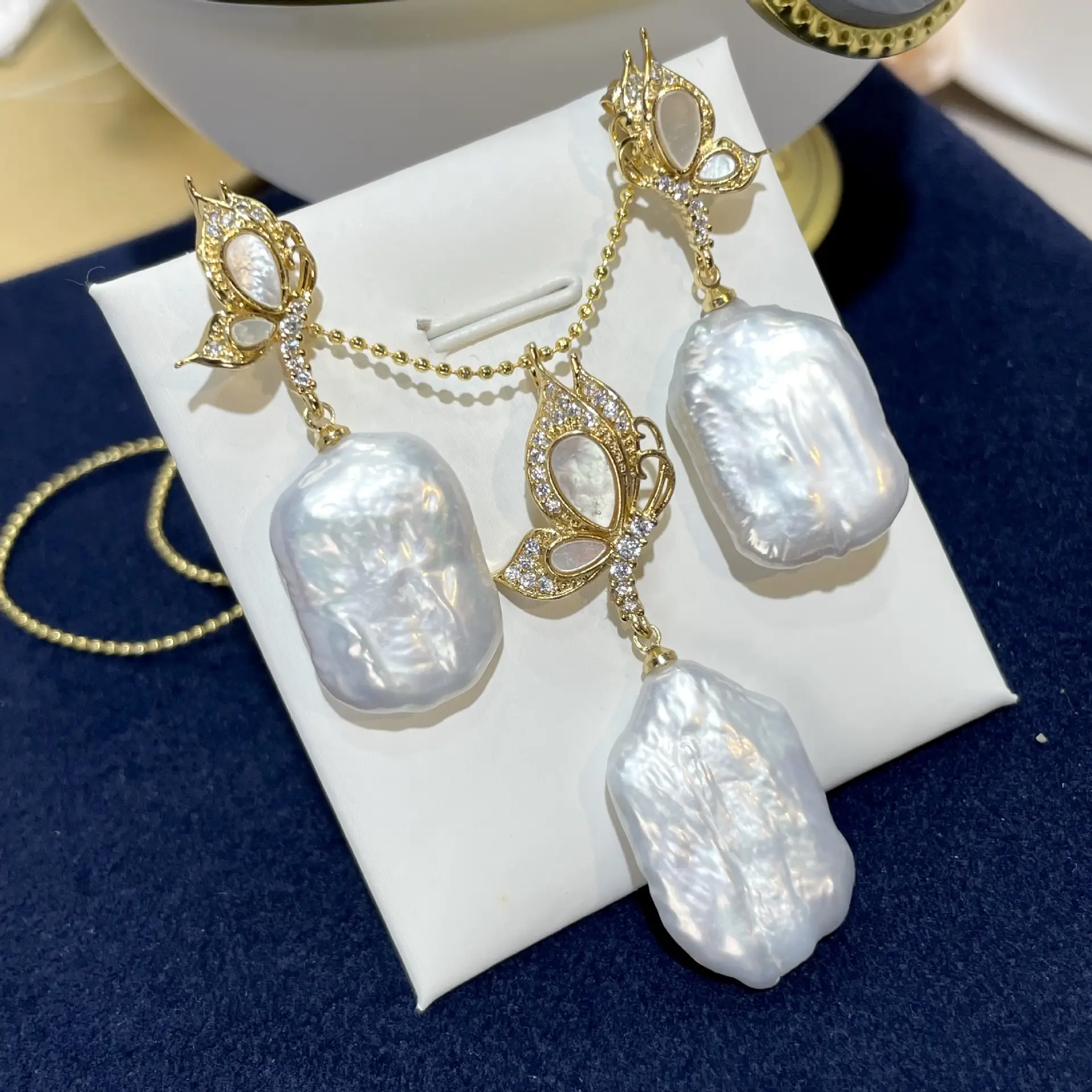 White Pearl Drop Earrings & Necklace Set for Women