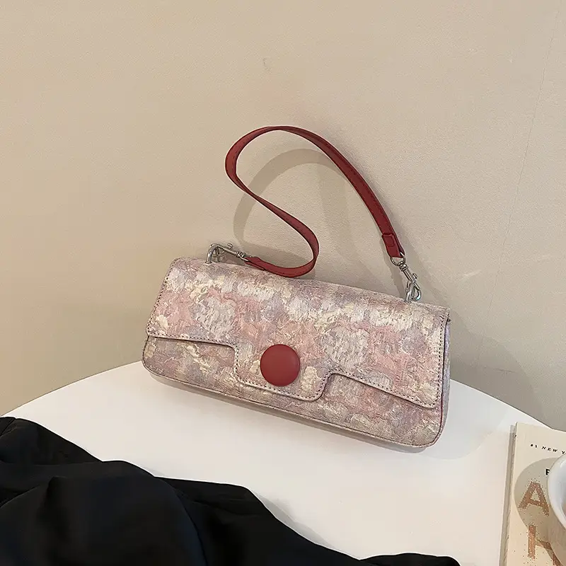 Women Embroidered Jacquard Shoulder Bag Red Strap - Image 3