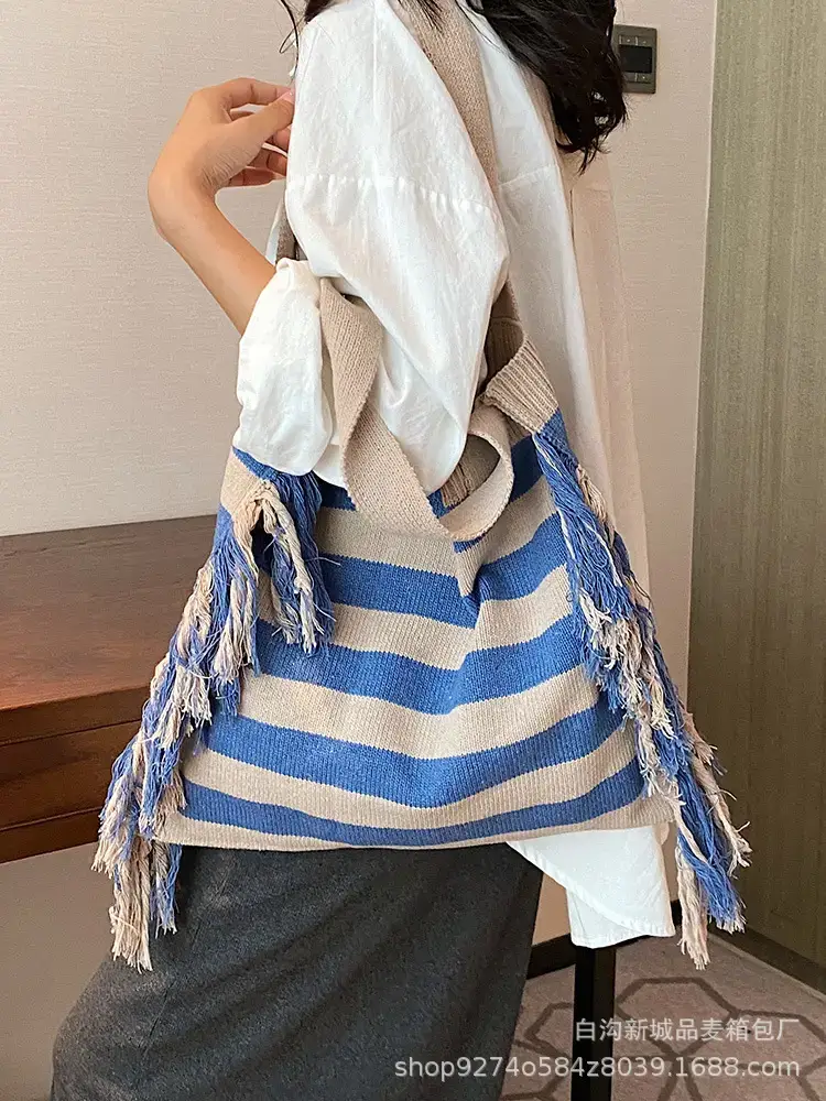 Women's Blue Striped Tassel Tote Bag Large Capacity