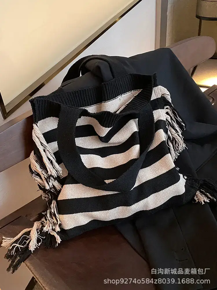 Women's Blue Striped Tassel Tote Bag Large Capacity