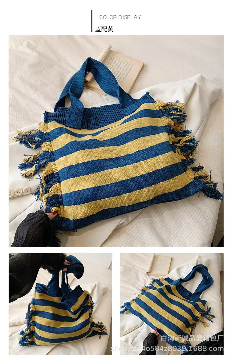 Women's Blue Striped Tassel Tote Bag Large Capacity — feature 10