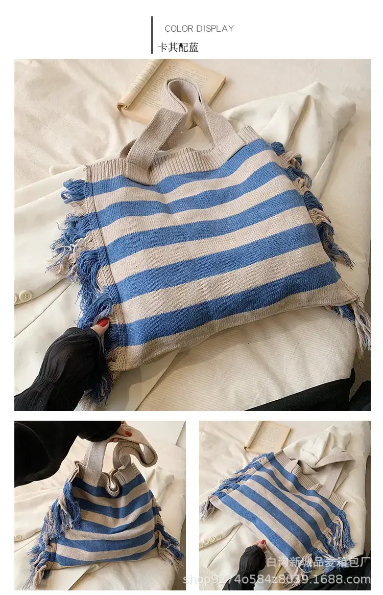 Women's Blue Striped Tassel Tote Bag Large Capacity — feature 11