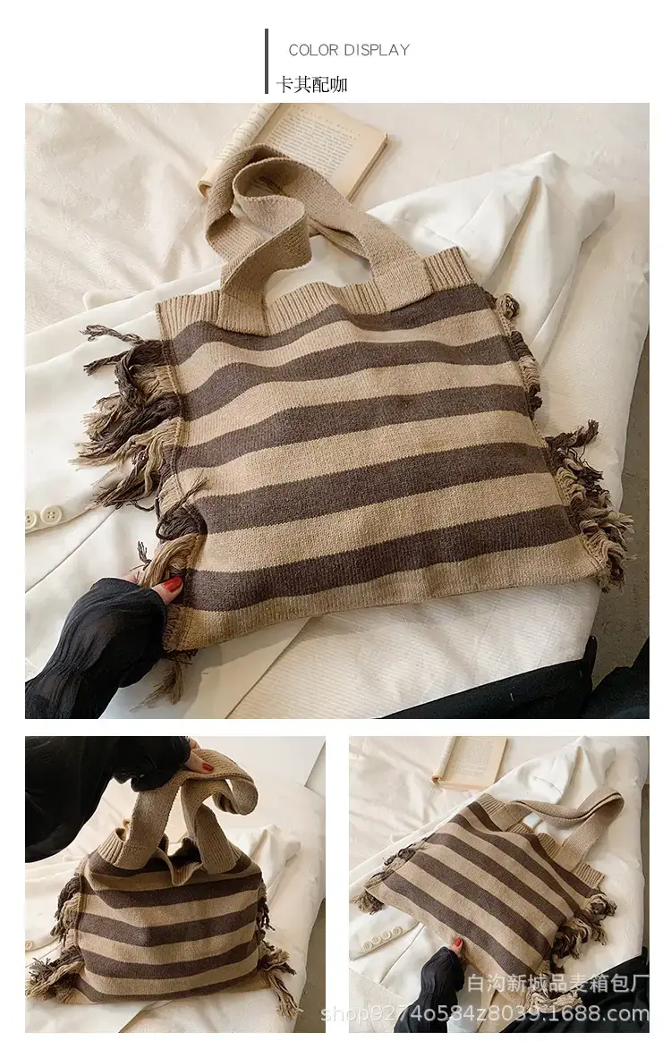 Women's Blue Striped Tassel Tote Bag Large Capacity — feature 12