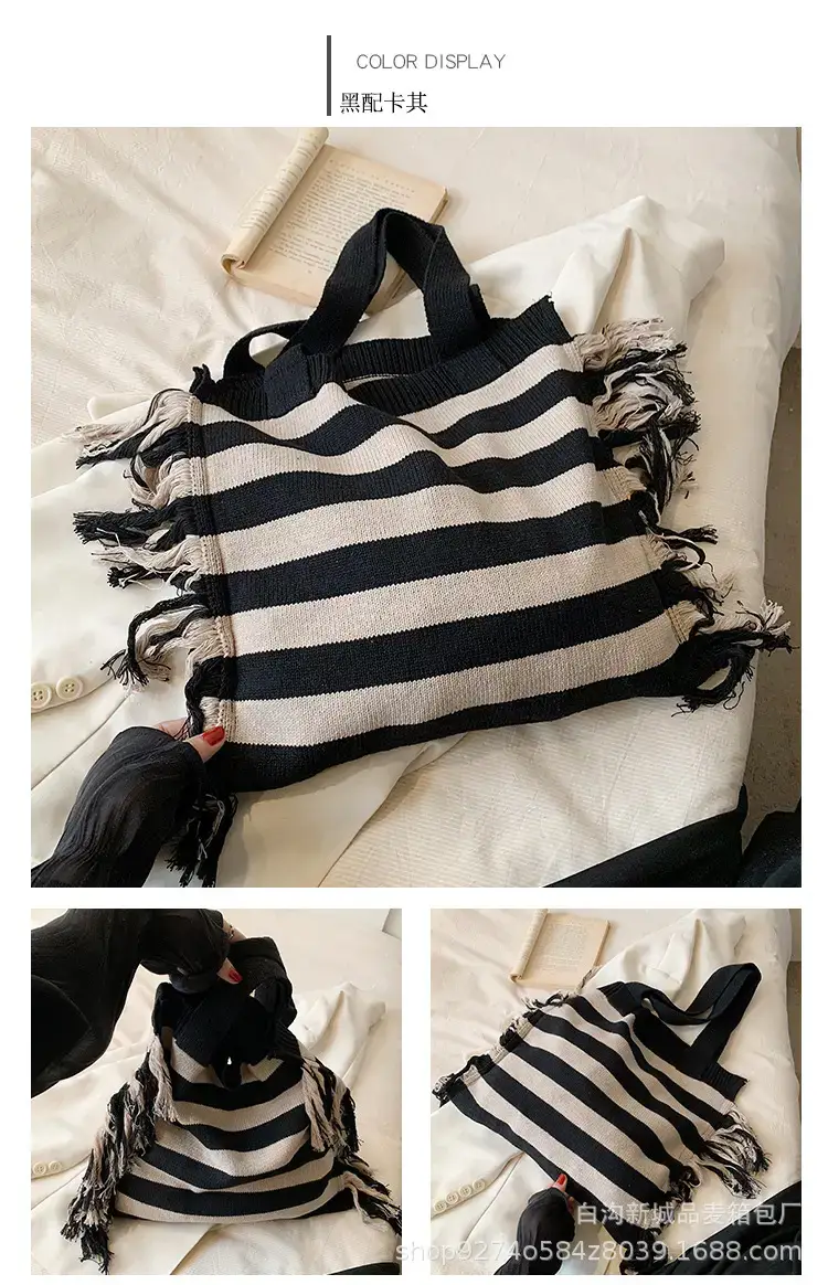 Women's Blue Striped Tassel Tote Bag Large Capacity — feature 13