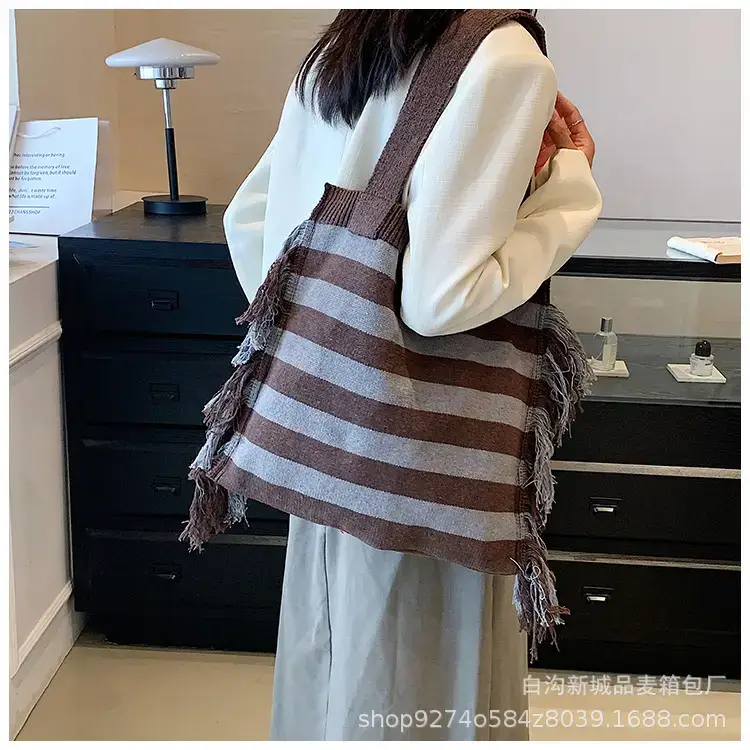 Women's Blue Striped Tassel Tote Bag Large Capacity — feature 15