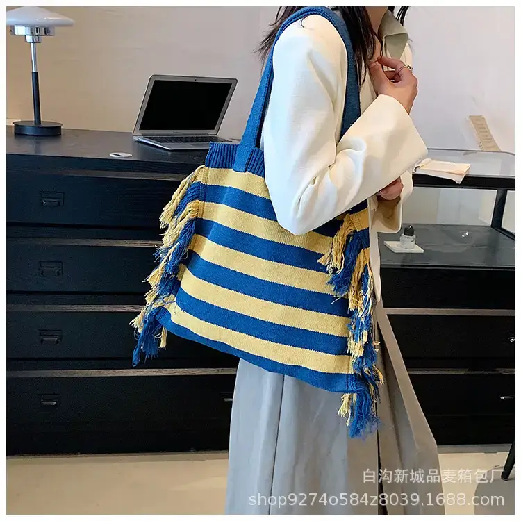 Women's Blue Striped Tassel Tote Bag Large Capacity — feature 16