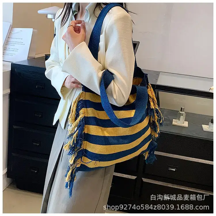 Women's Blue Striped Tassel Tote Bag Large Capacity — feature 17