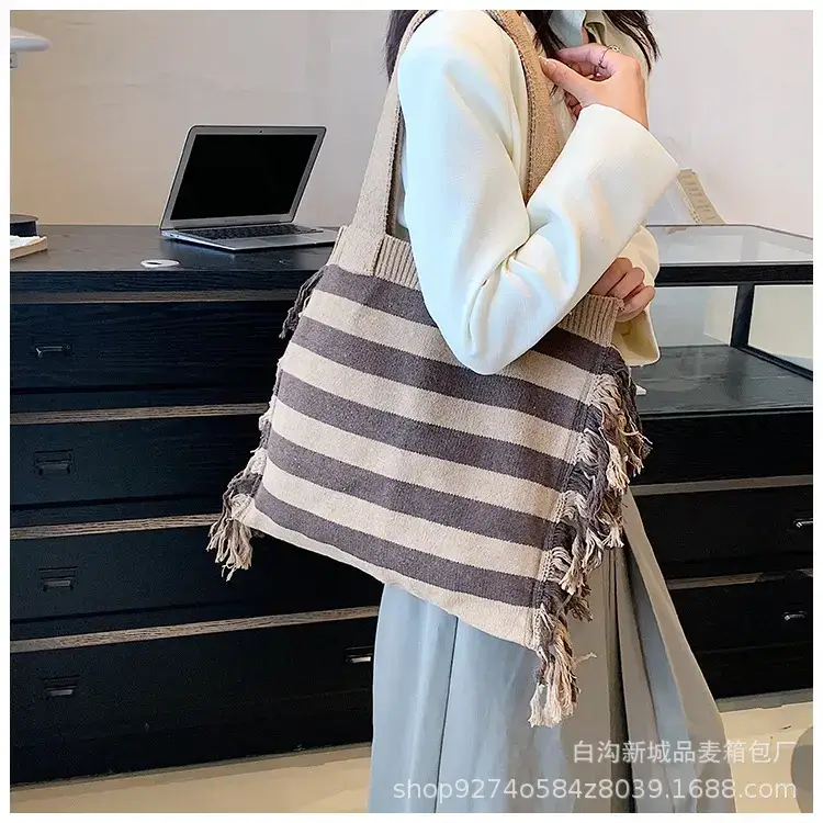 Women's Blue Striped Tassel Tote Bag Large Capacity — feature 18