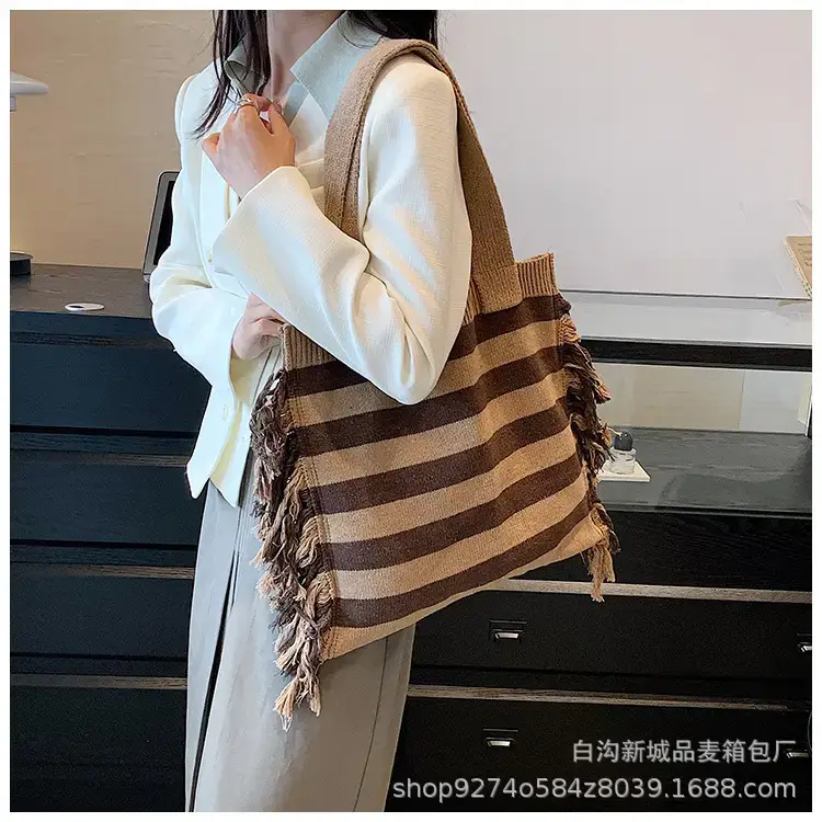 Women's Blue Striped Tassel Tote Bag Large Capacity — feature 19