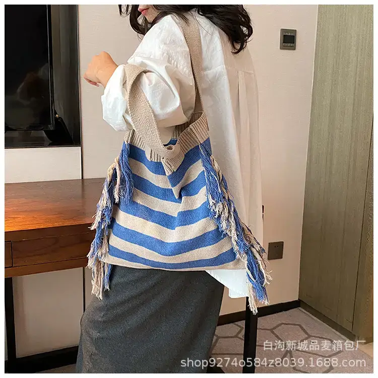Women's Blue Striped Tassel Tote Bag Large Capacity — feature 20