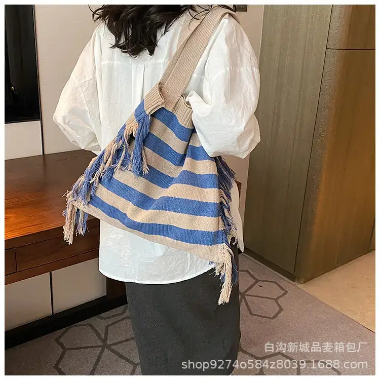 Women's Blue Striped Tassel Tote Bag Large Capacity — feature 21