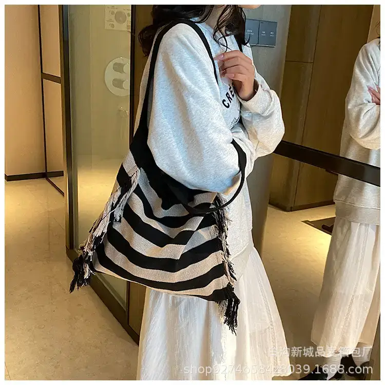 Women's Blue Striped Tassel Tote Bag Large Capacity — feature 22