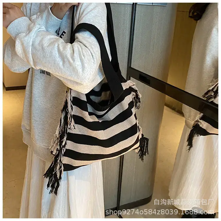 Women's Blue Striped Tassel Tote Bag Large Capacity — feature 23